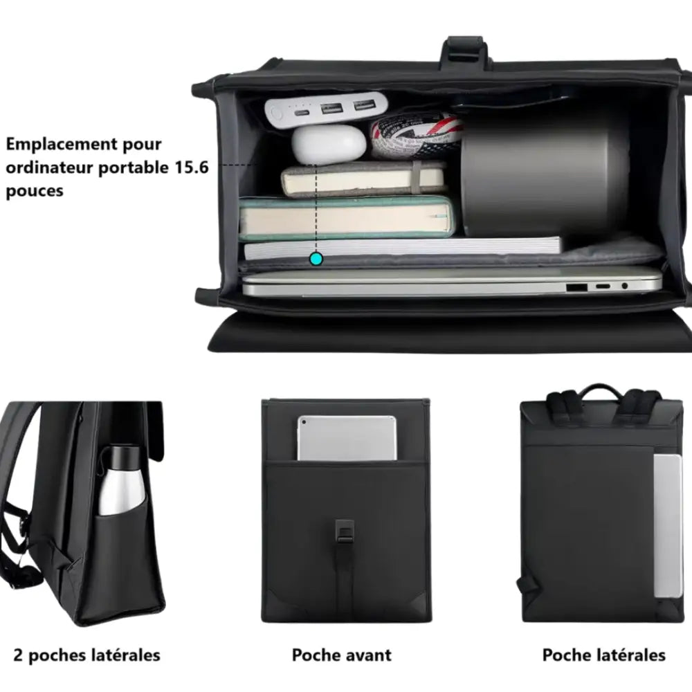 Sac à dos femme chic noir avec plusieurs compartiments, parfait pour un cartable femme chic