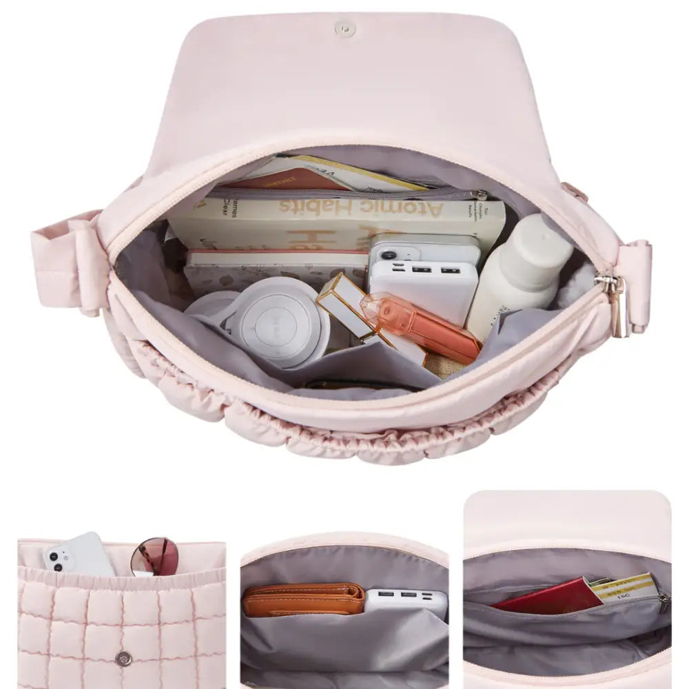 Sac à bandoulière rose quilté ouvert, grand sac femme Volina élégant et pratique