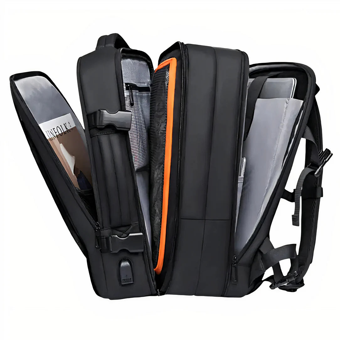Sac à dos de voyage noir TerraMax 45L avec multiples compartiments robustes