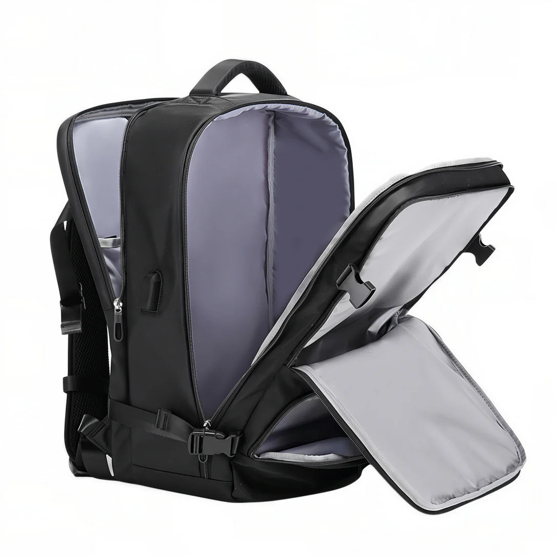 Sac à dos femme Neyrox II ouvert avec intérieur gris, idéal pour ordinateur
