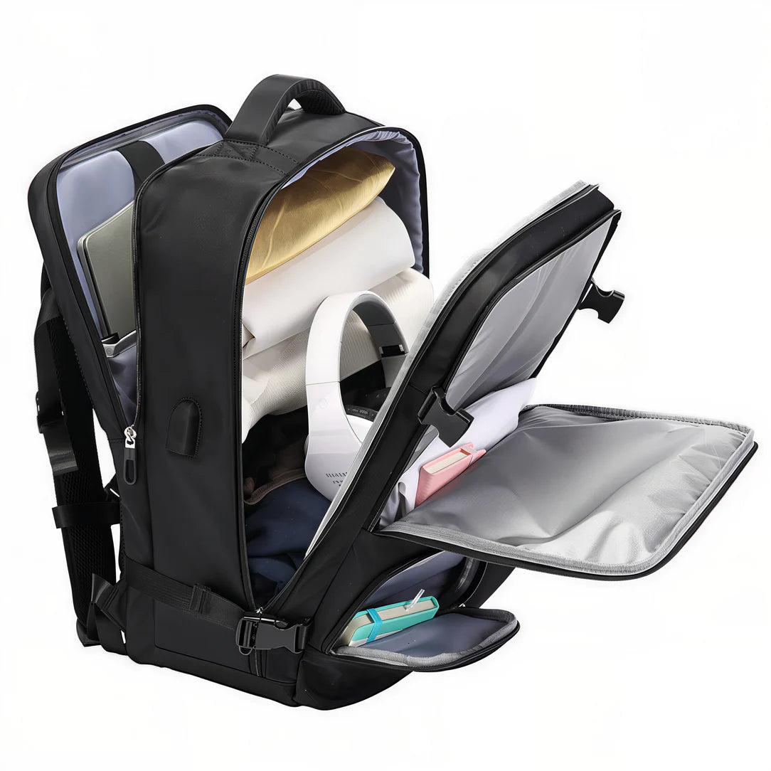 Sac à dos noir ouvert avec contenu pour femme ordinateur Neyrox II
