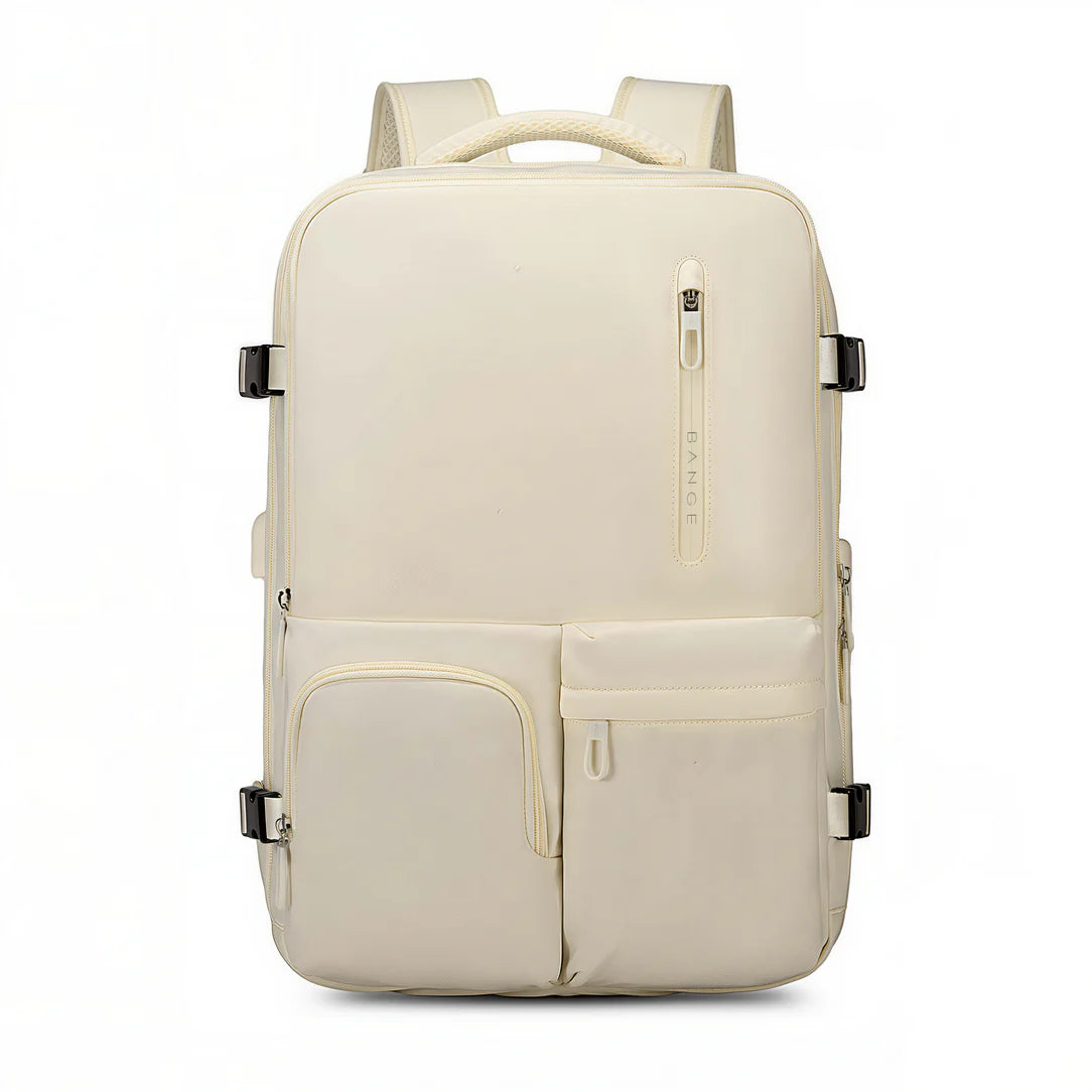Sac à dos beige pour femme avec plusieurs poches, parfait pour ordinateur