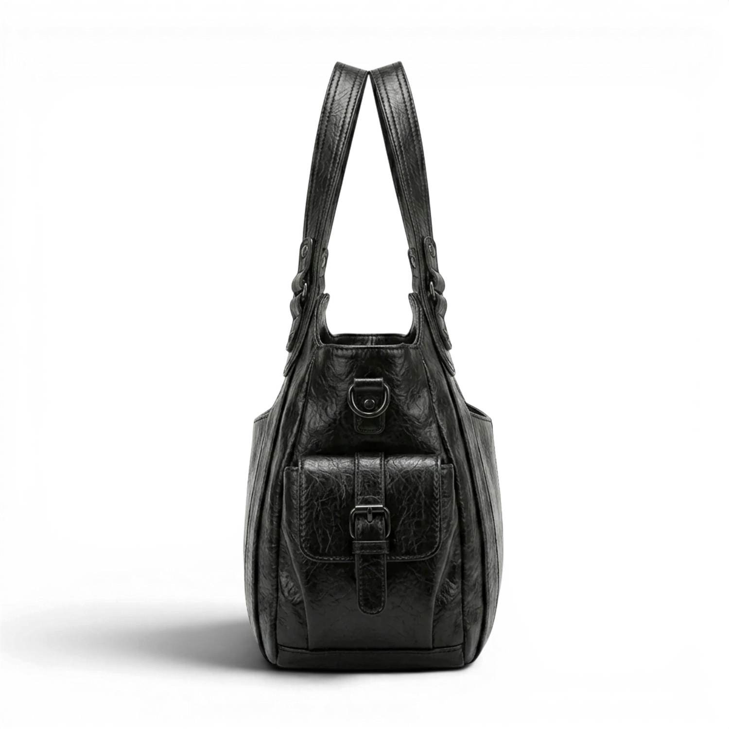 Grand sac à main de cours rétro eulalie en cuir noir texturé avec rabat avant et boucle de fermeture