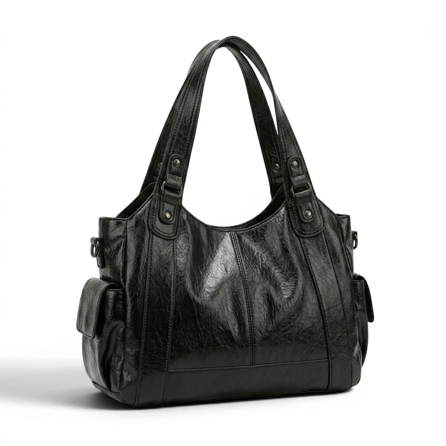 Grand sac à main de cours rétro eulalie en simili cuir noir structuré avec finition brillante sac à main élégant
