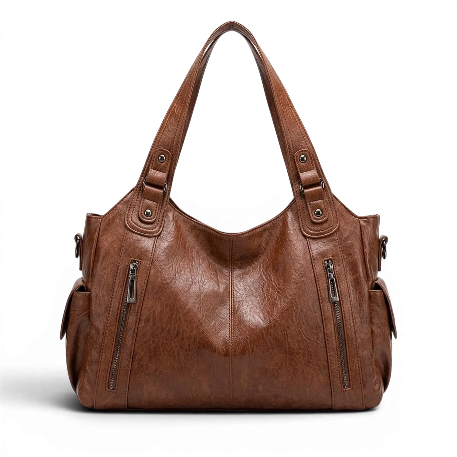 Grand sac à main de cuir marron eulalie avec deux fermetures éclair et bretelles réglables sac à main rétro