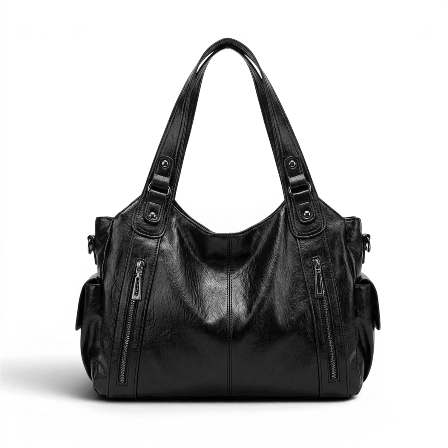 Grand sac à main de cours rétro eulalie en cuir noir avec deux poches latérales zippées et bretelles ajustables