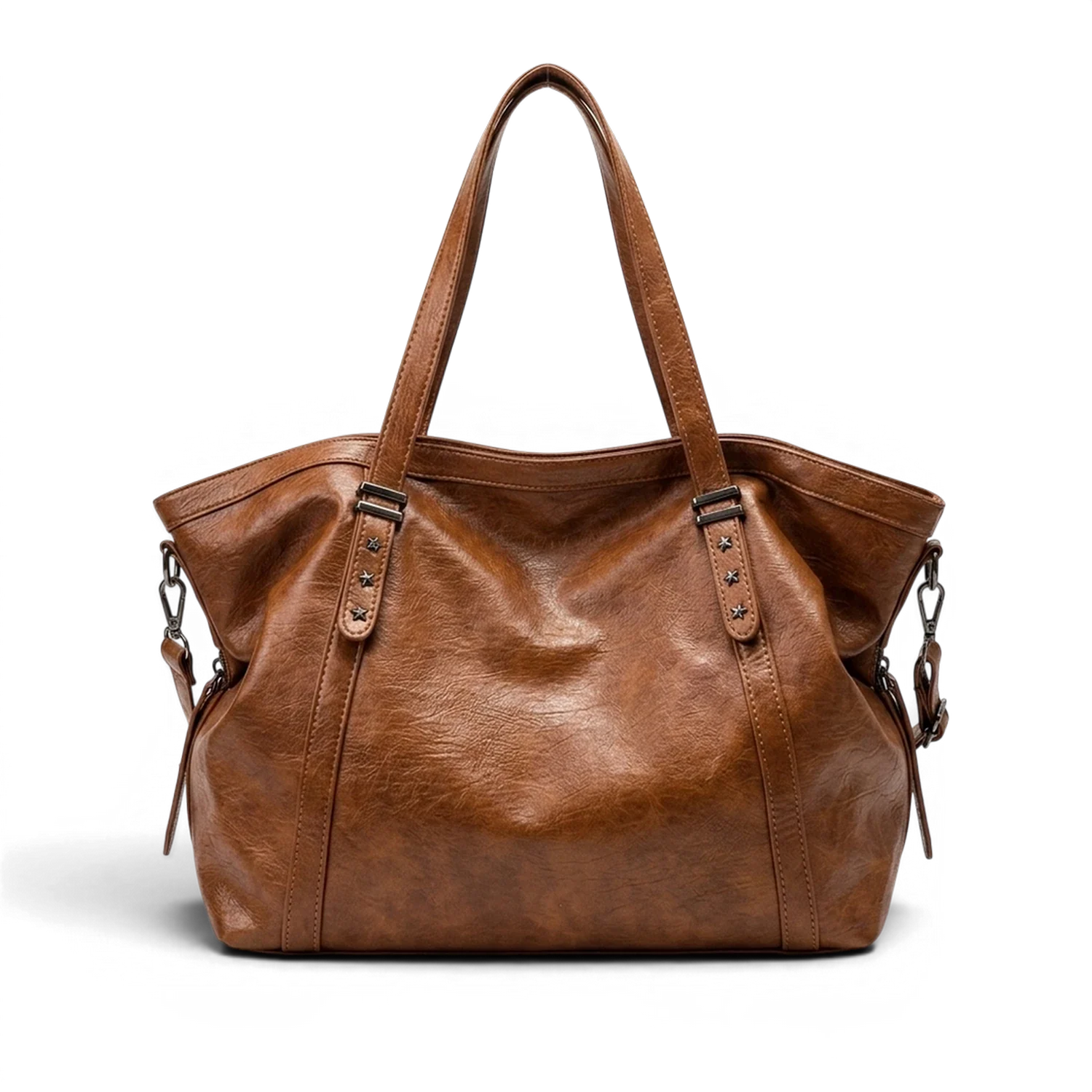 Grand sac à main de cours xxl souple en cuir marron avec bandoulière étoilée et design structuré légèrement flasque