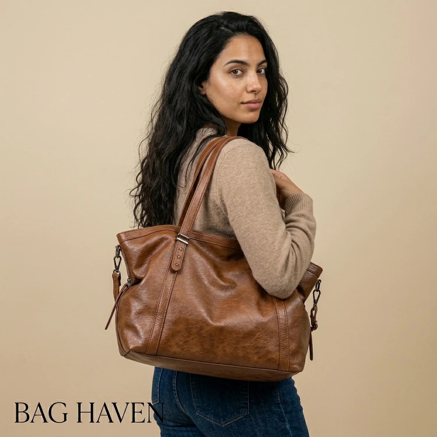 Grand sac à main de cours xxl souple en cuir marron avec silhouette structurée et bandoulière ajustable anouk