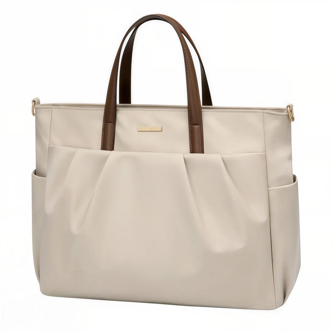Sac à main beige avec poignées marron, structure multi compartiments Golf Repair