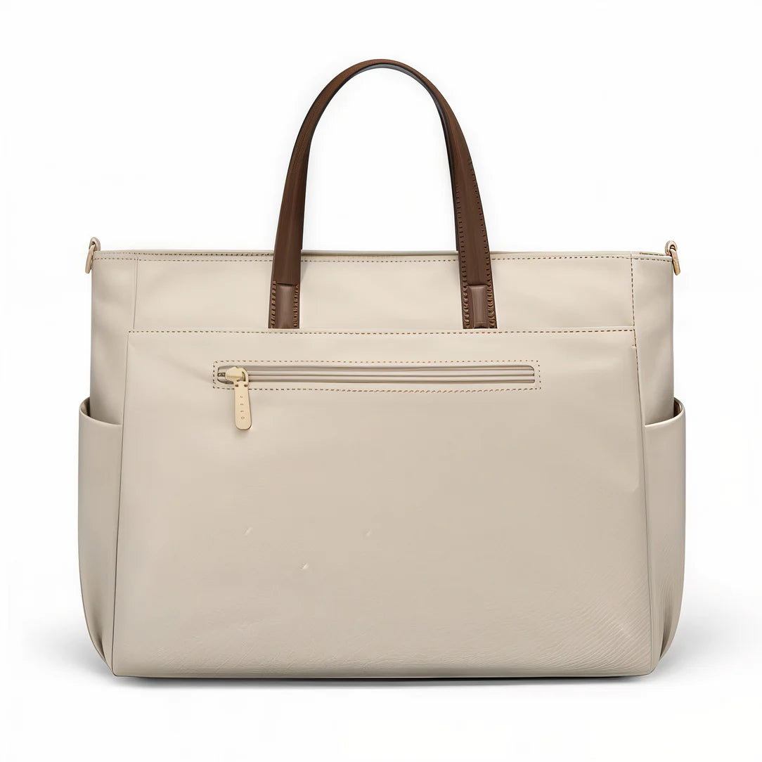 Alt text d’un sac à main beige avec poignées marron pour Golf Repair et style structuré