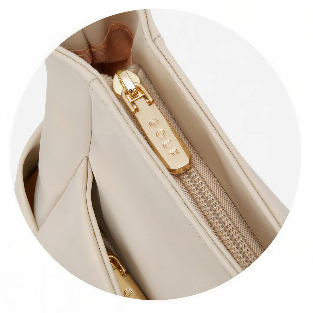 Sac à main beige avec zip or, grand sac à main multi compartments Golf Repair