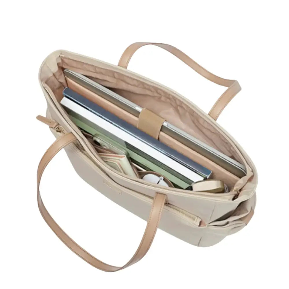 Grand sac cabas beige avec contenus, idéal pour un sac cabas élégant et pratique