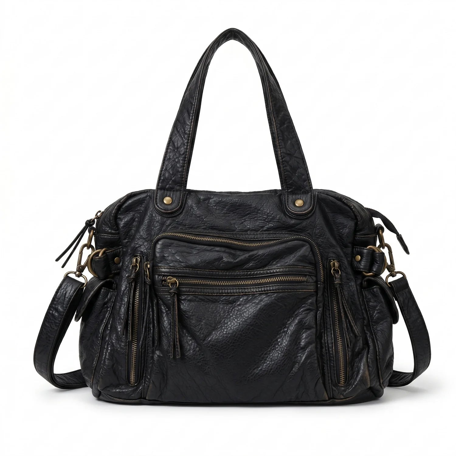 Grand sac de cours à bandoulière léna en cuir noir effet vieilli avec multiples poches zippées et sangle réglable