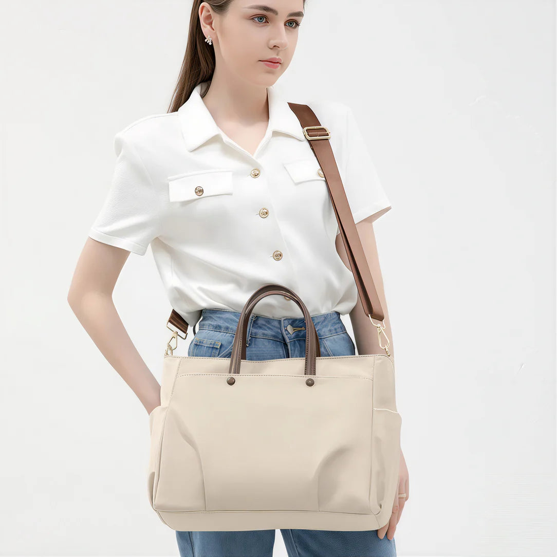 Grand sac de cours Velana beige avec poignées et bandoulière en cuir brun