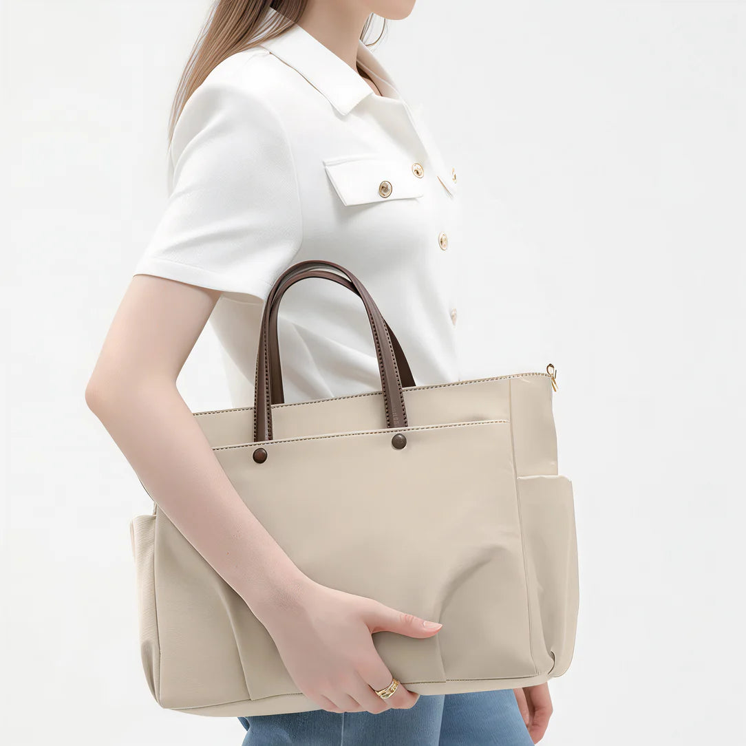 Grand sac de cours Velana en beige avec poignées marron, parfait pour vos cours Velana