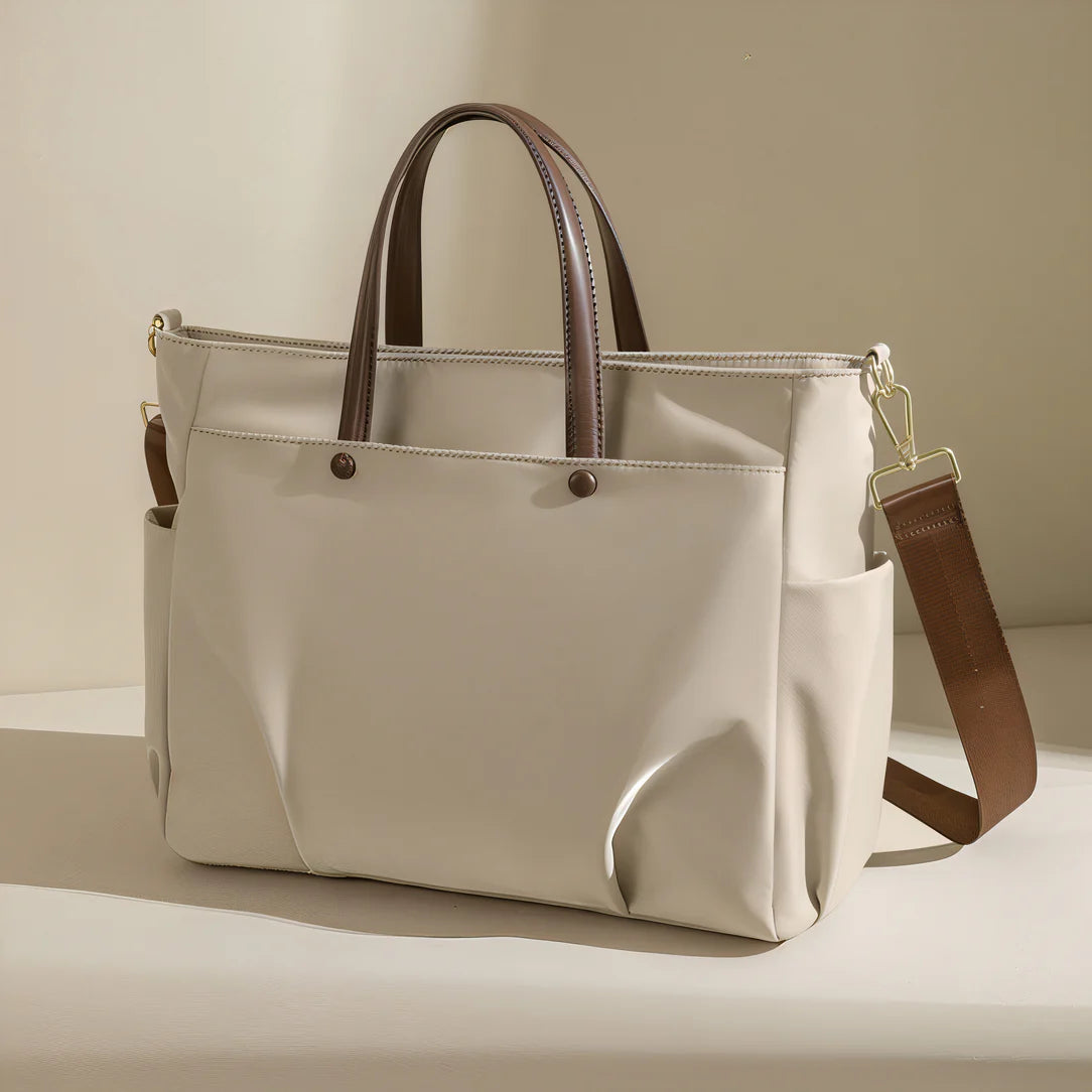 Grand sac de cours Velana beige avec anses et bandoulière marron