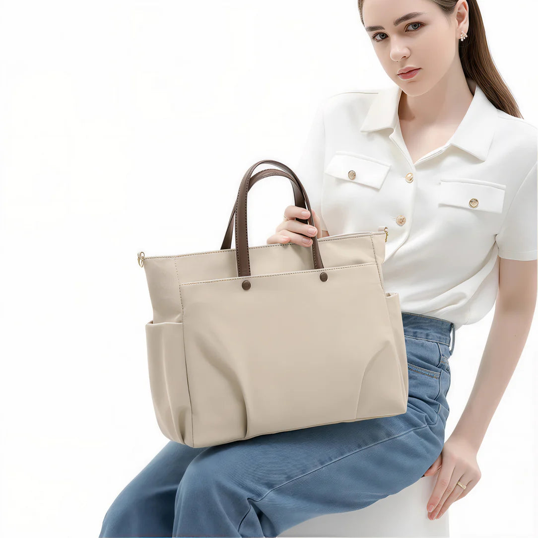Sac beige avec poignées marron du Grand sac de cours Velana pour style élégant