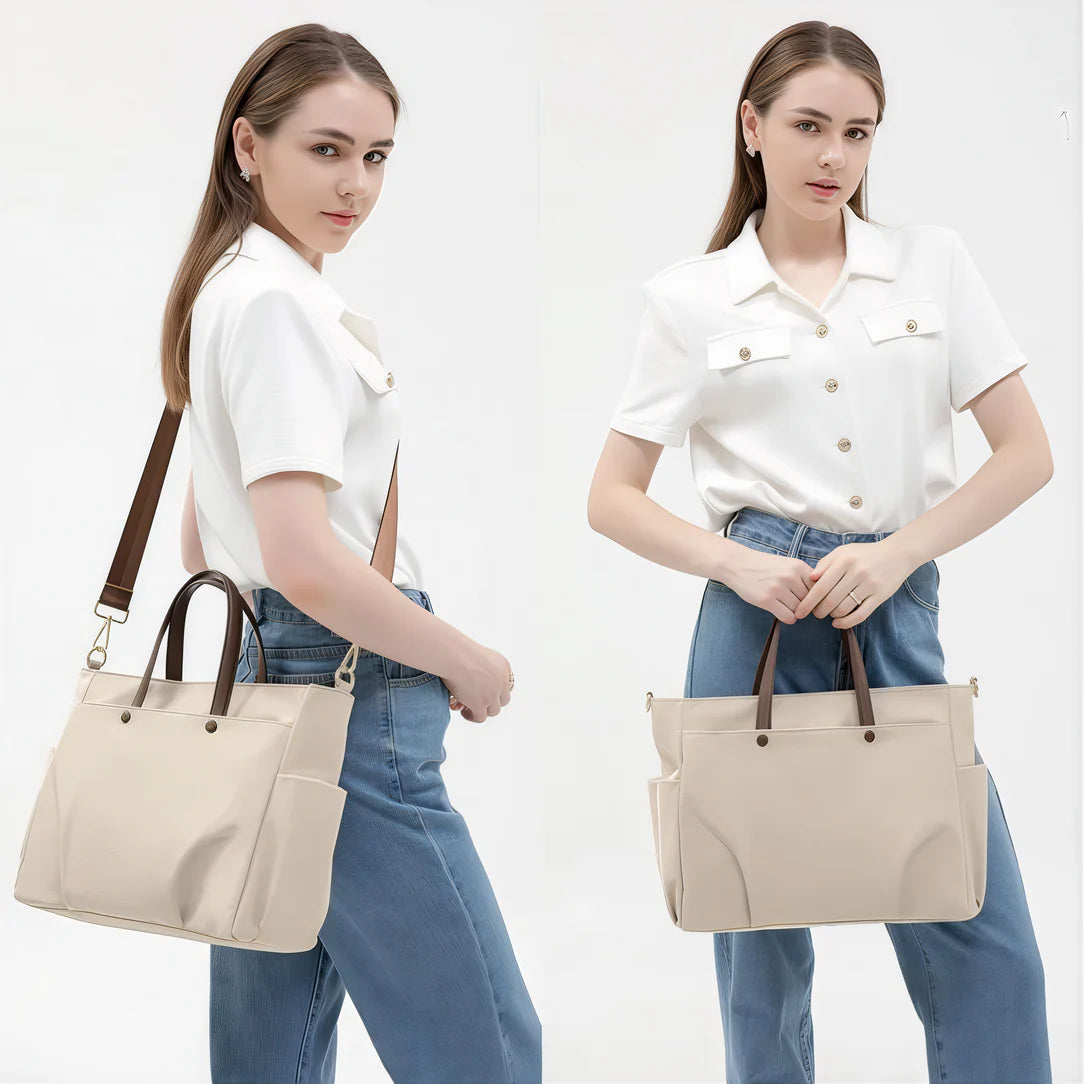 Tote beige avec poignées marron pour le cours Velana, grand sac de cours élégant