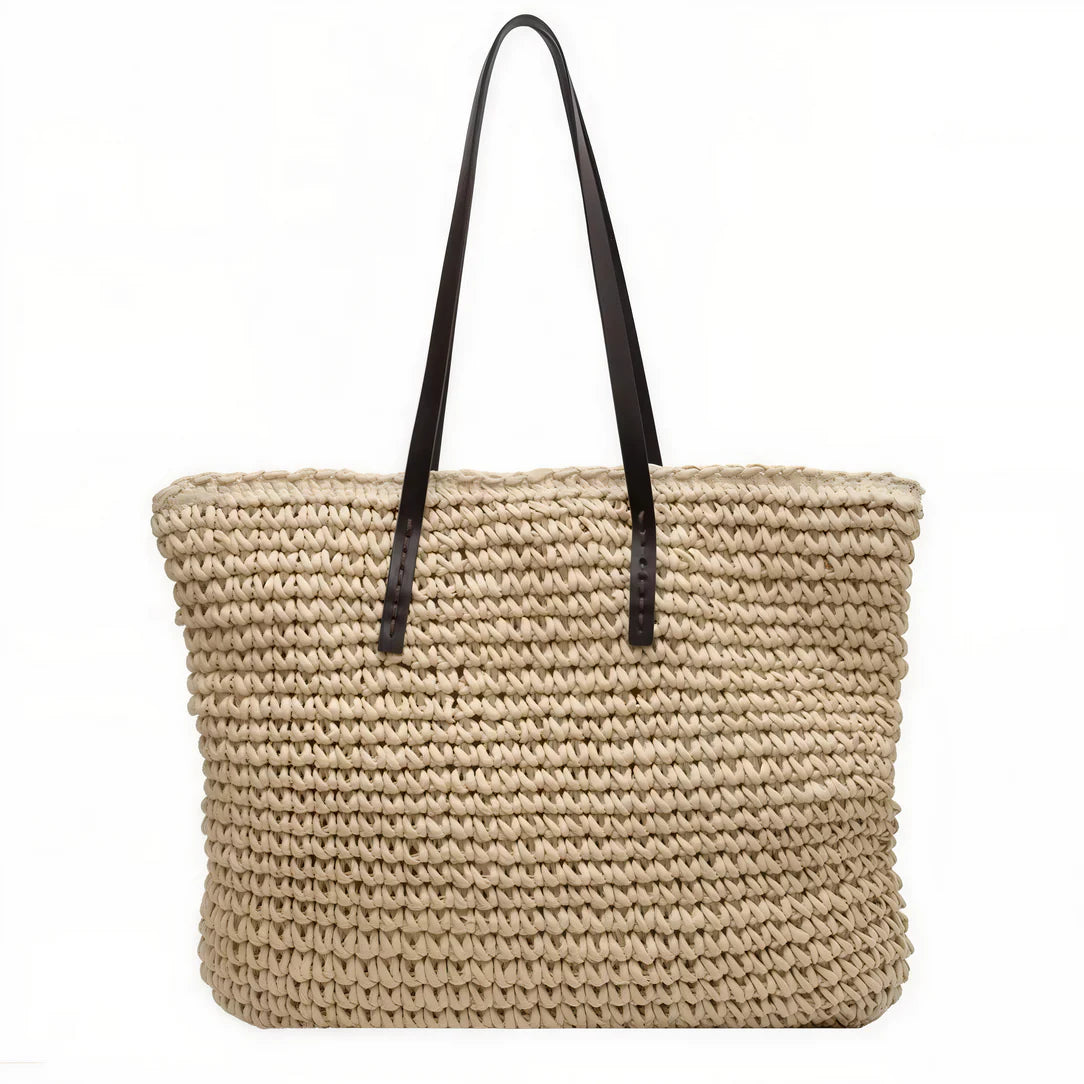 Sac de plage en paille Liora avec lanières en cuir marron foncé