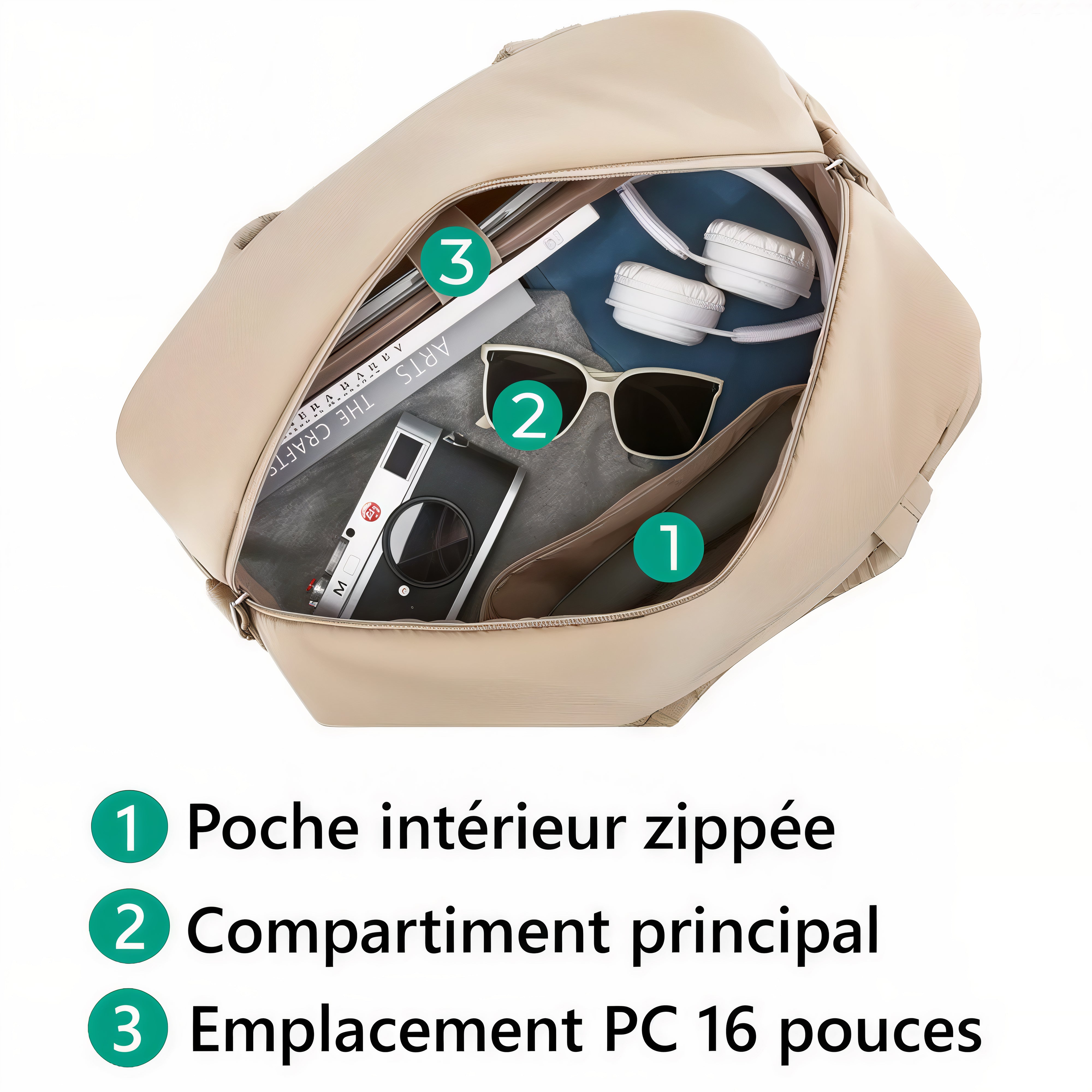 Sac de plage beige Soléa avec compartiments intérieurs pour rangement facilité