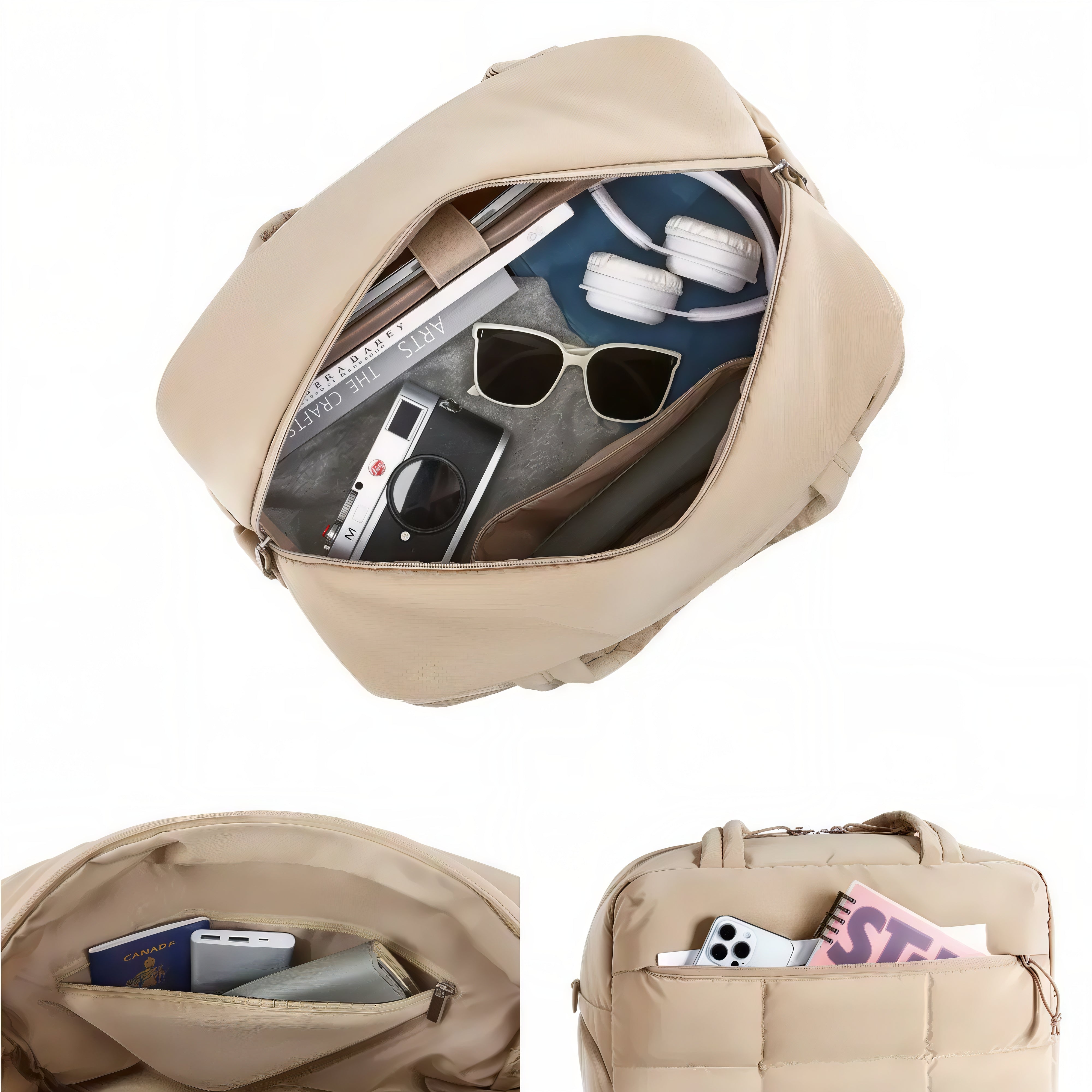 Sac de plage beige Soléa avec contenu dans un style élégant et pratique