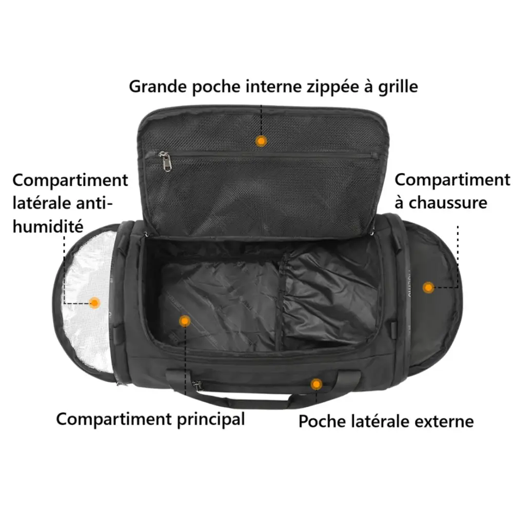 Sac de sport noir ouvert.