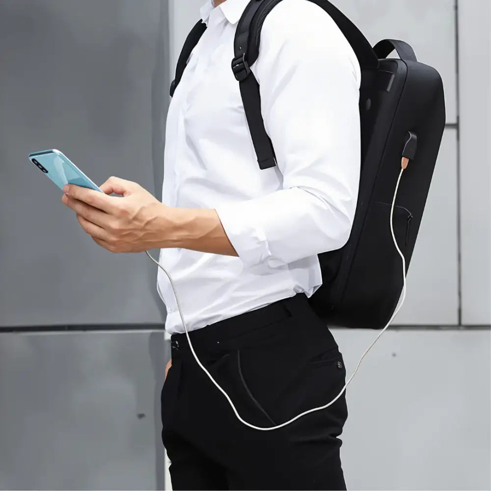 Homme utilisant son téléphone connecté au petit sac à dos antivol Lite S avec cadenas TSA