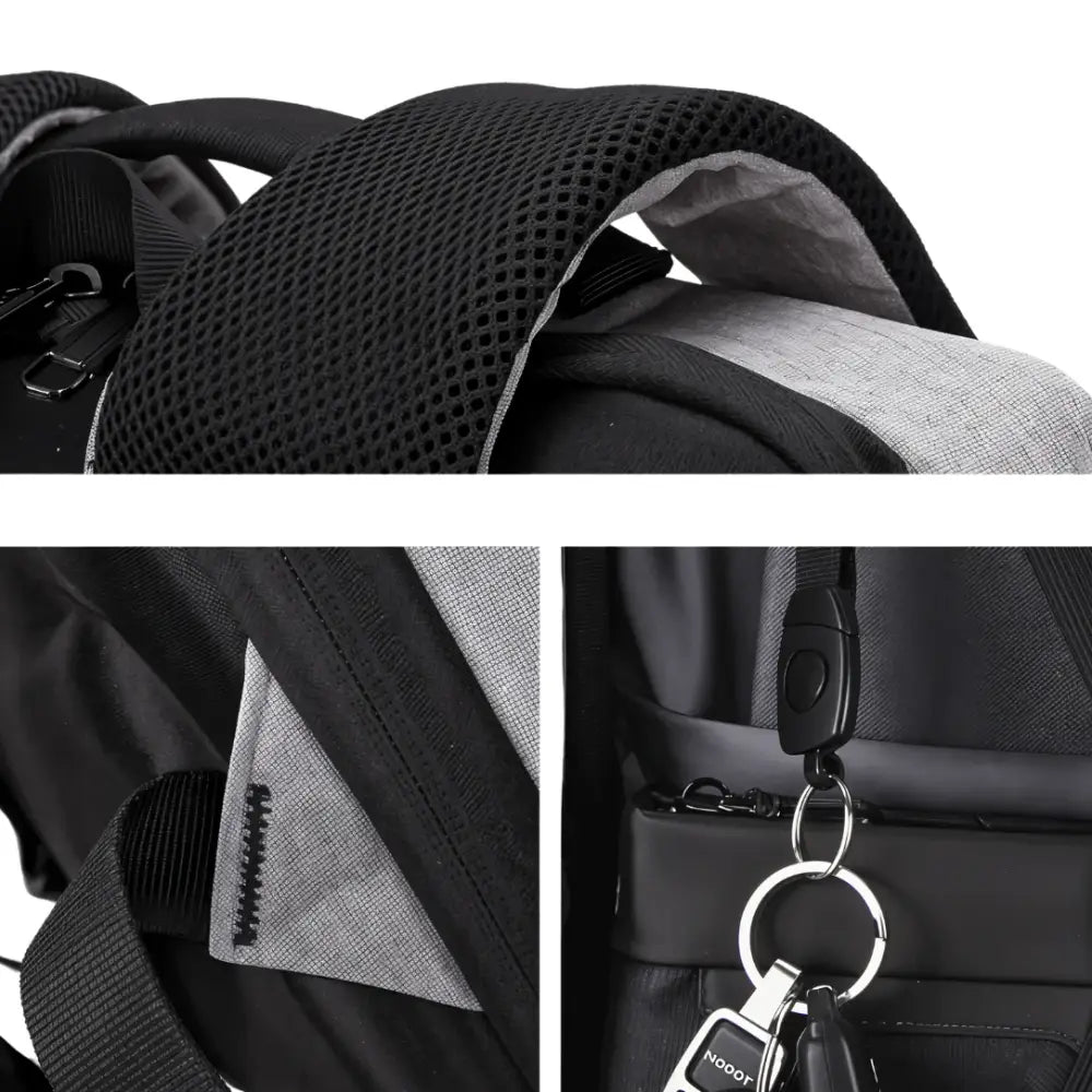 Détails du petit sac à dos antivol Lite S en noir et gris avec cadenas TSA et ouverture à 180°