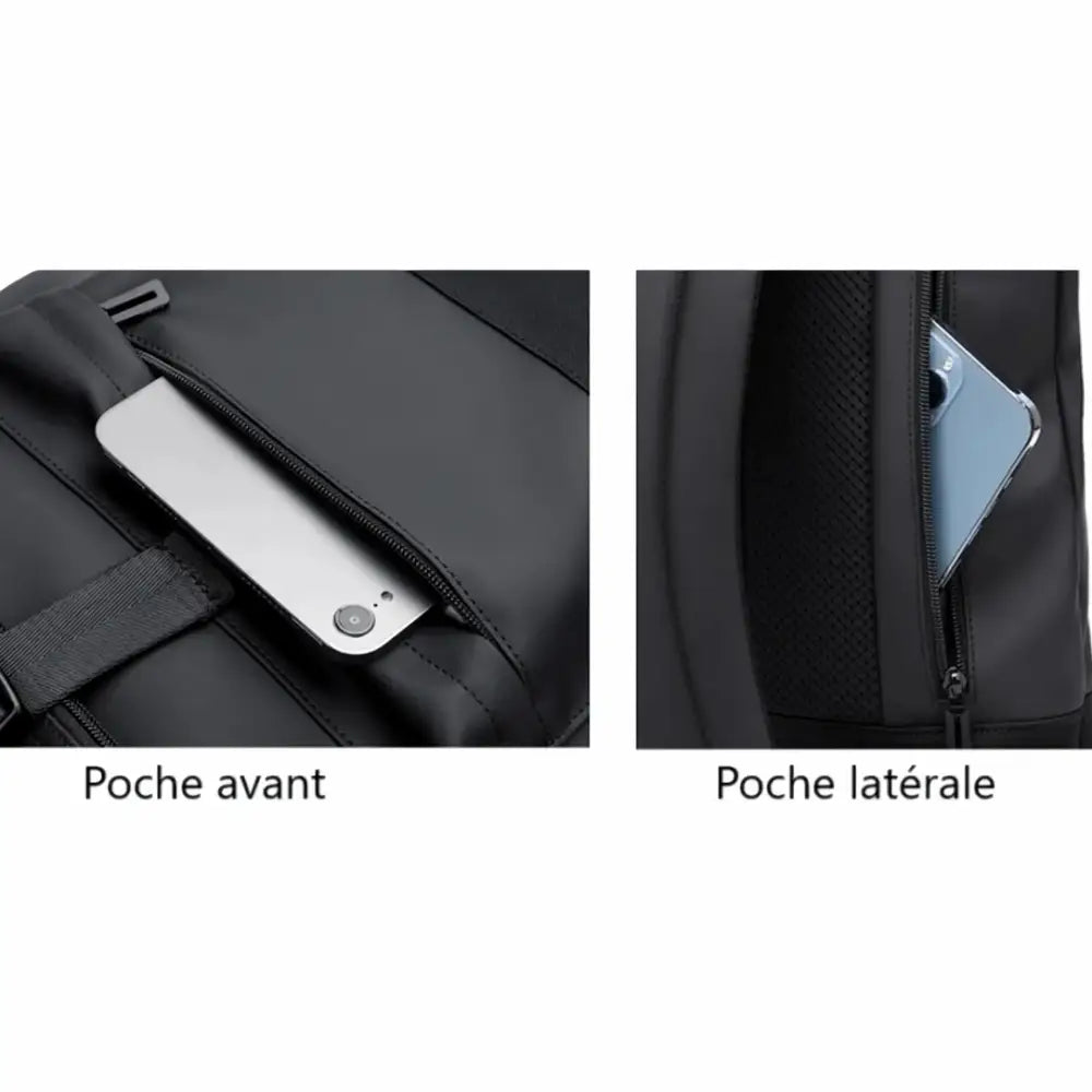 Détails des poches du sac à dos noir.