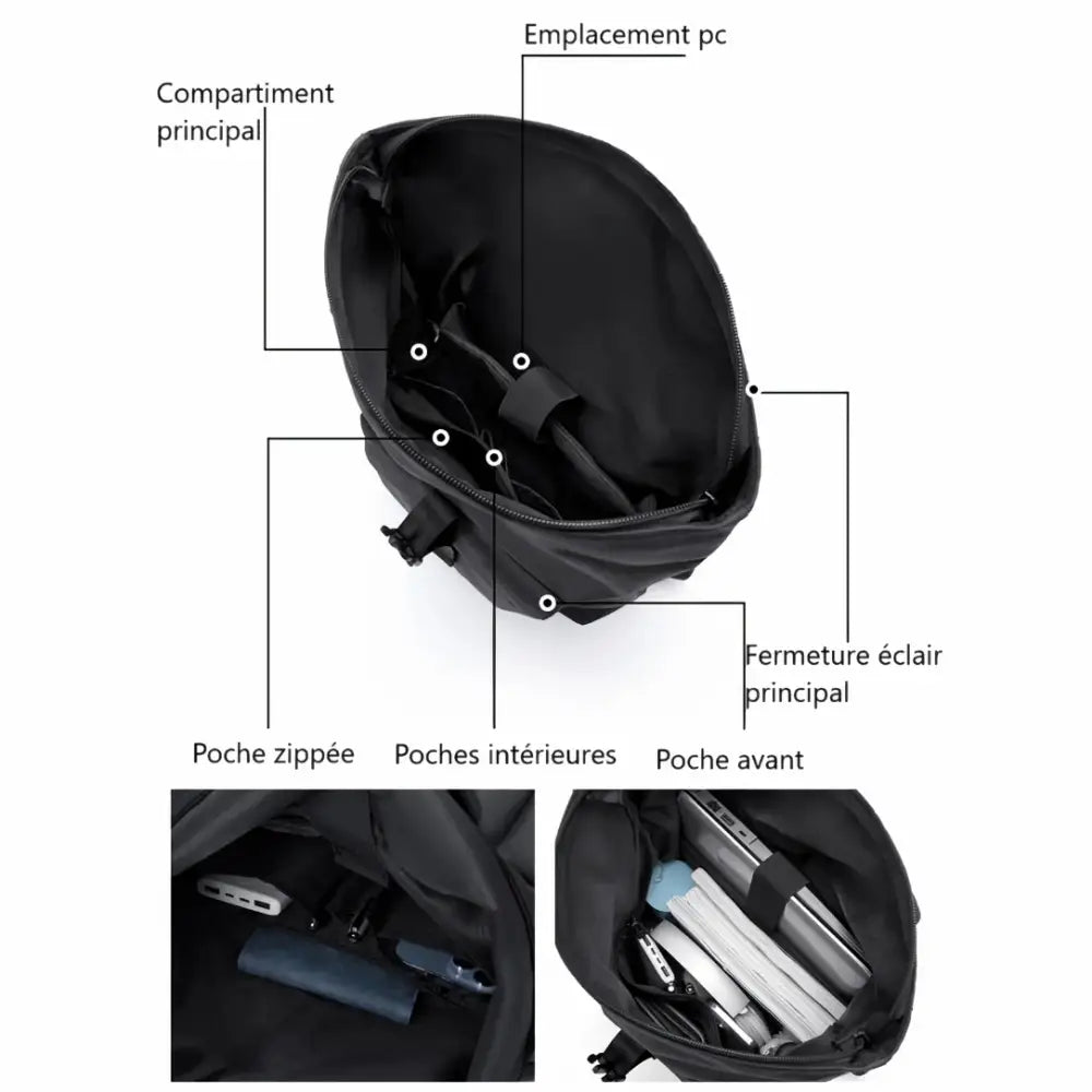 Sac à dos noir ouvert avec compartiments.