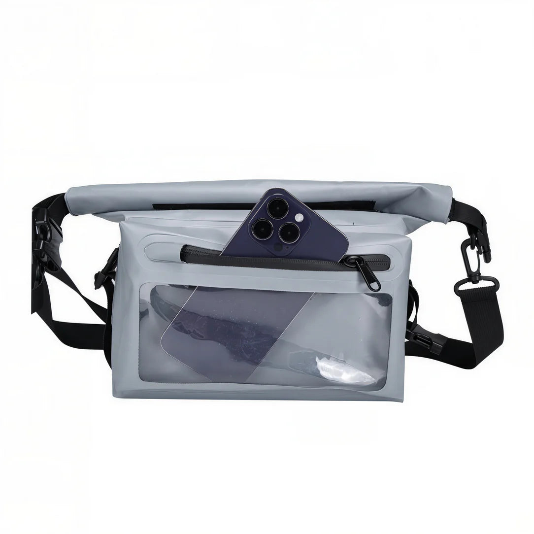 Sac à bandoulière étanche Aqua X avec fermeture roll-top et téléphone dans le gris