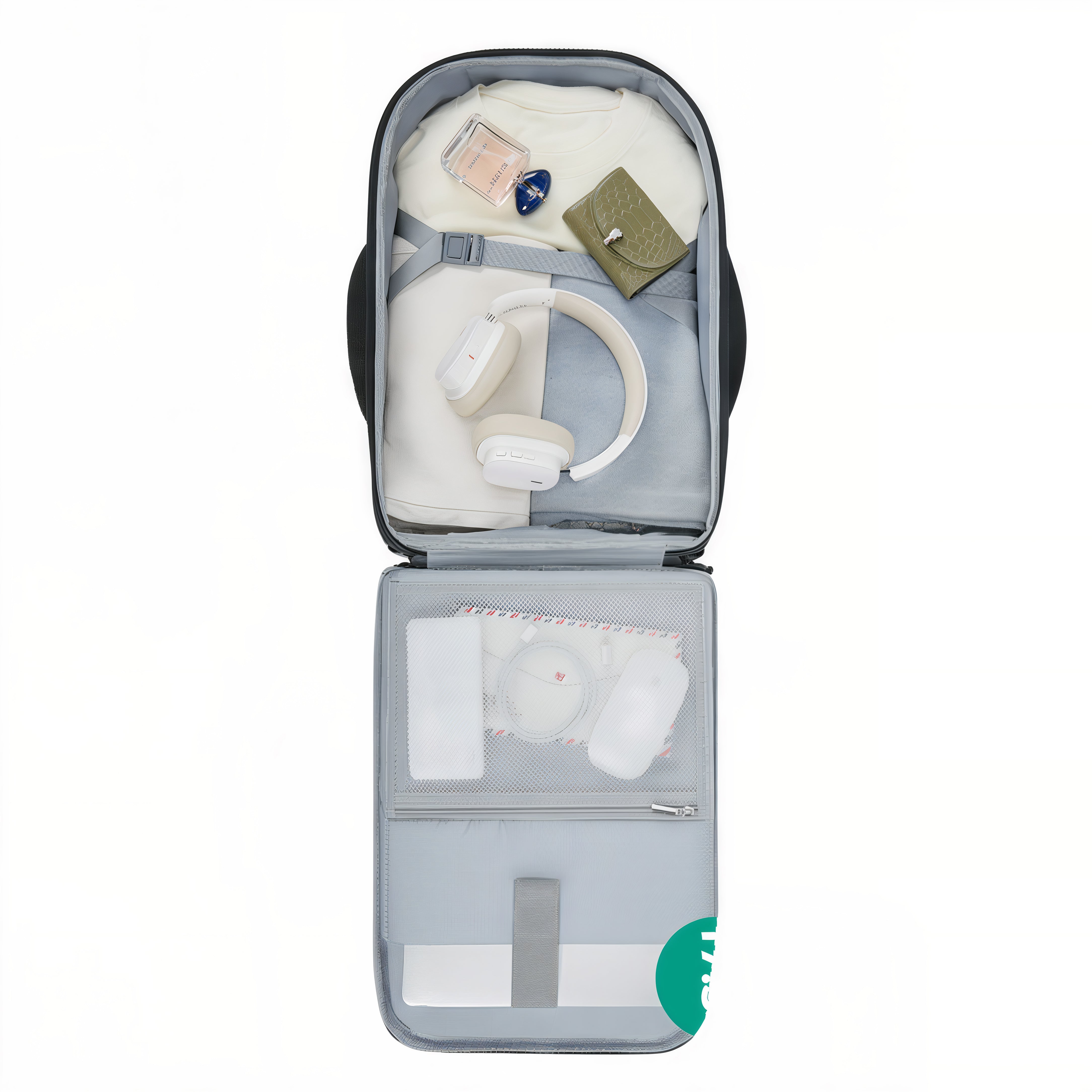 Sac à dos à roulettes voyage avec poignée télescopique, ouvert et rempli d’articles