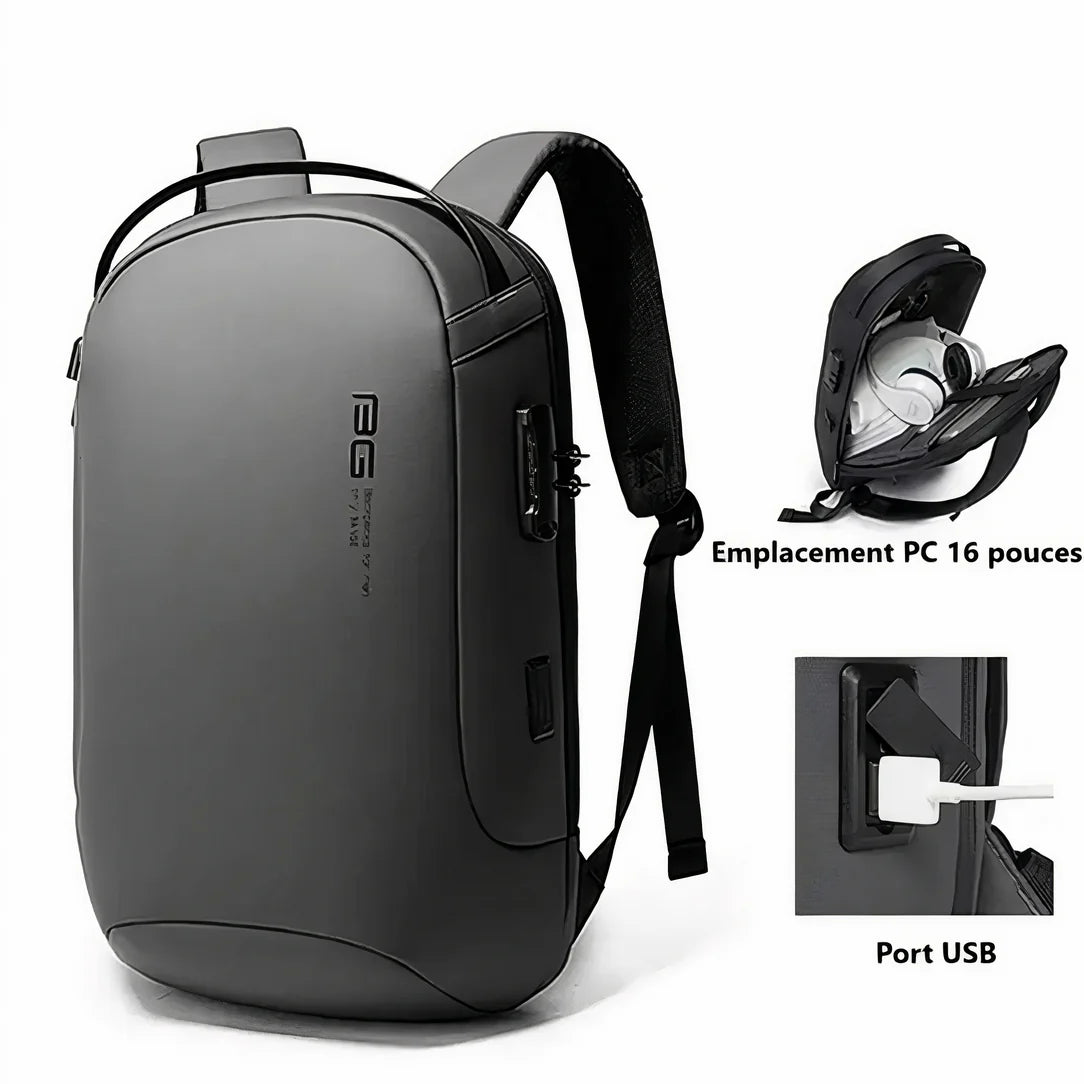 Sac à dos anti pickpocket moderne gris avec serrure de sécurité et port USB