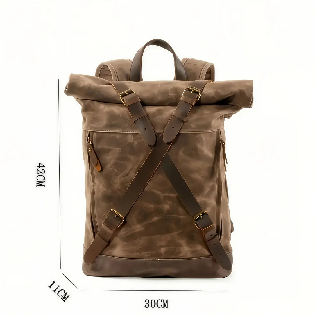 Sac à dos baroudeur Nomad en toile de coton brun avec fermeture à rouleau