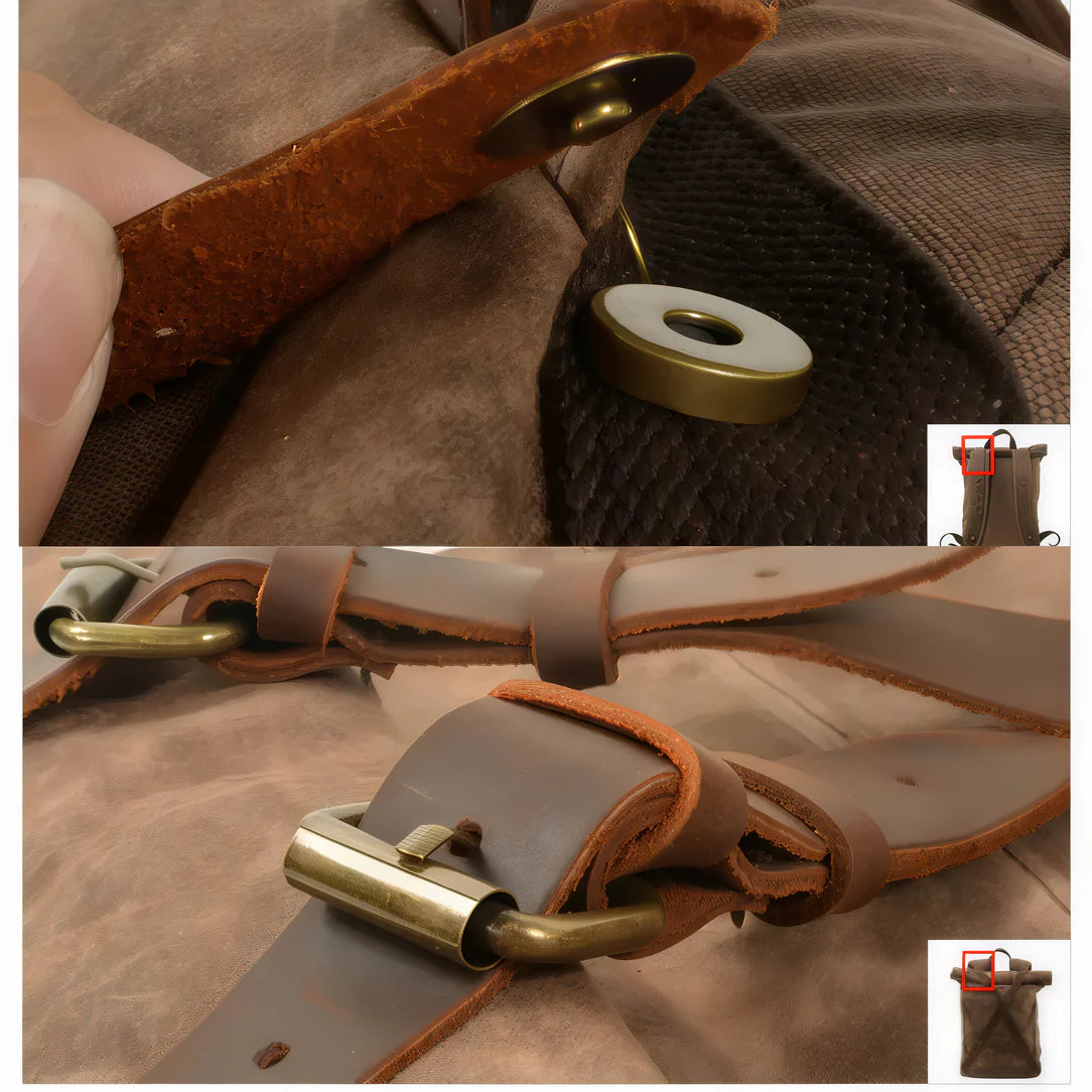 Détails en cuir marron du Sac à dos baroudeur Nomad