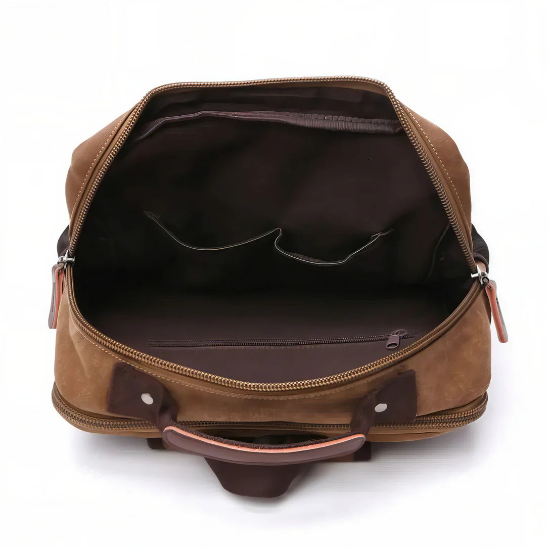 Sac à dos cartable vintage en cuir marron ouvert de Velterra