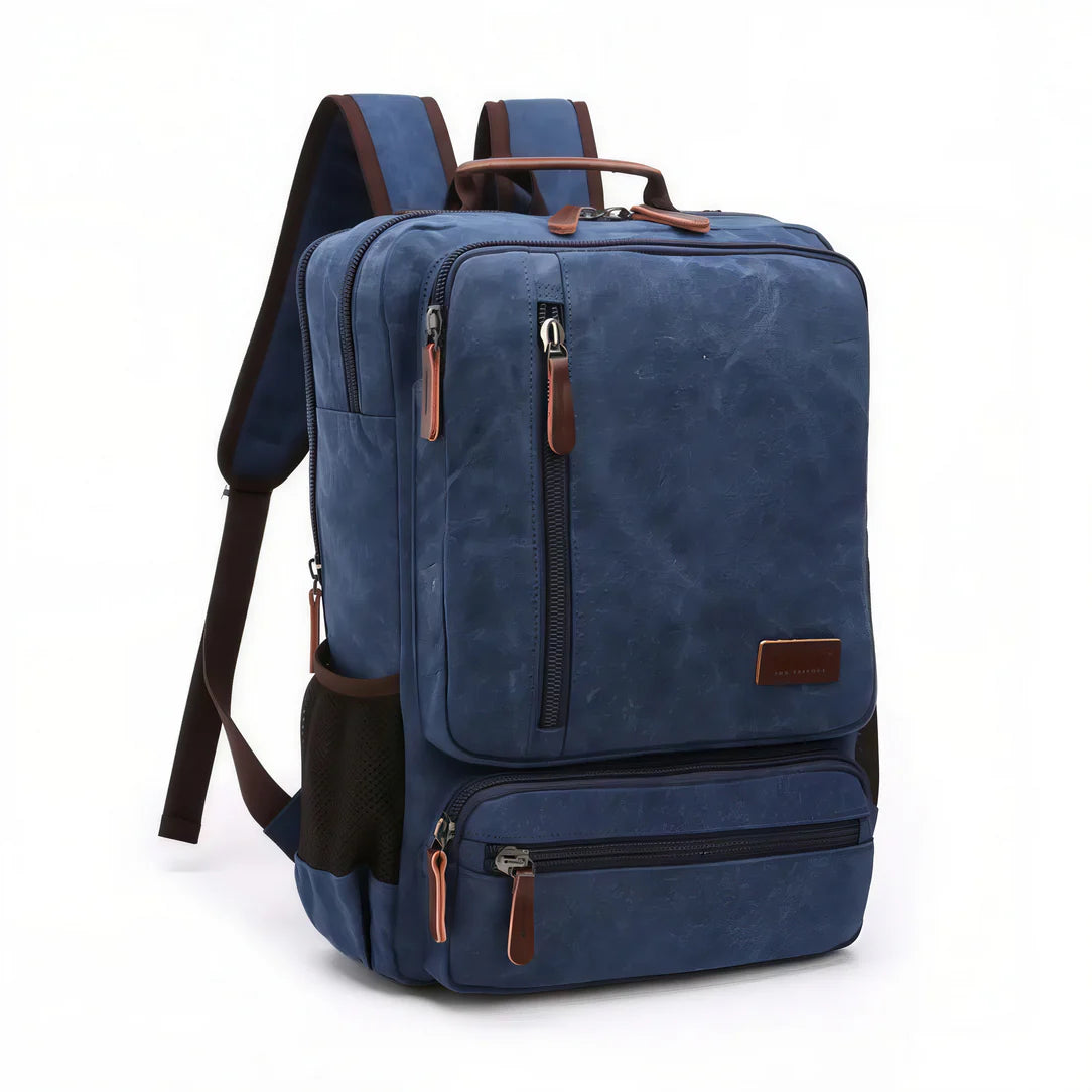Sac à dos cartable vintage en toile bleue avec accents marron de Velterra