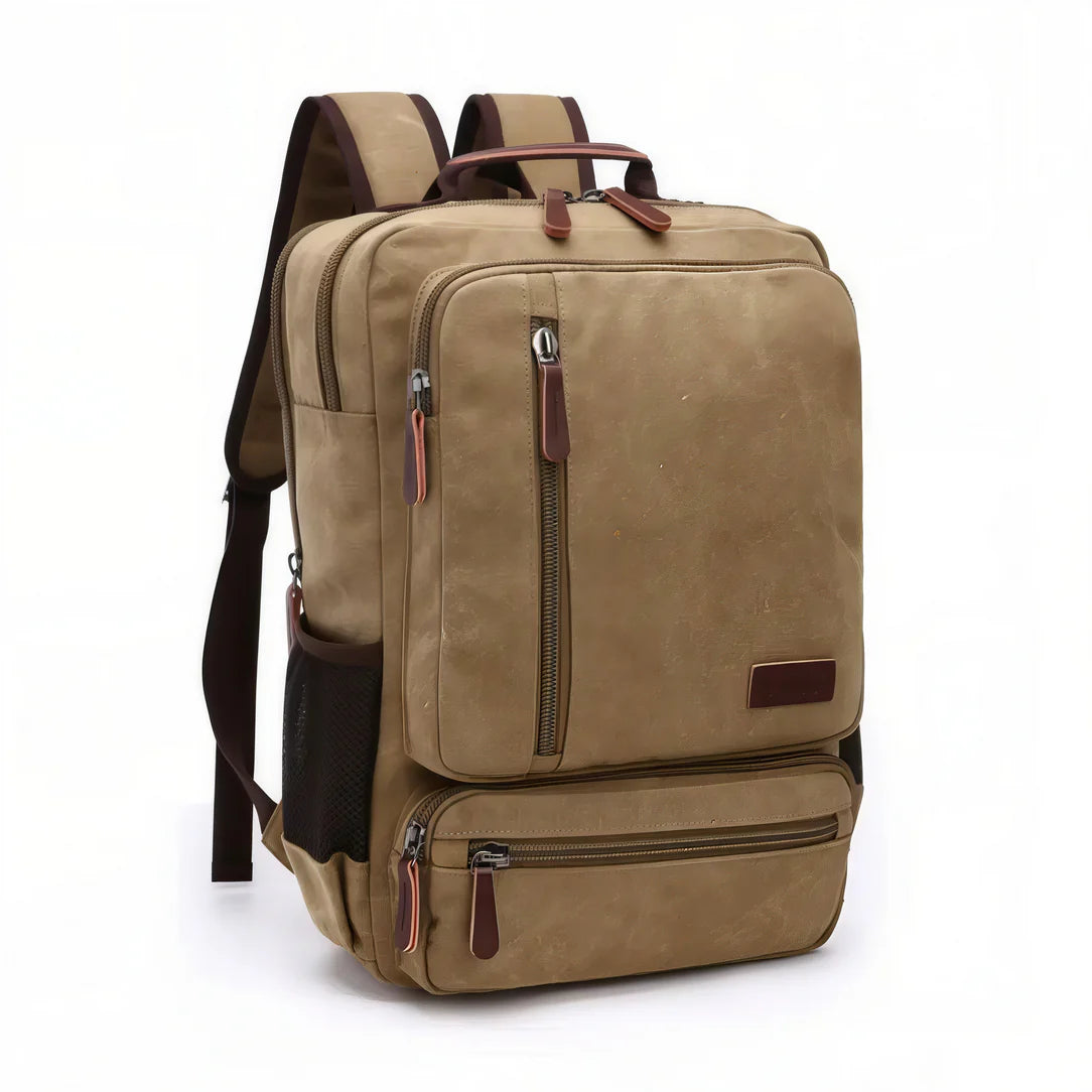 Sac à dos cartable vintage en toile khaki avec accents marron pour femme homme