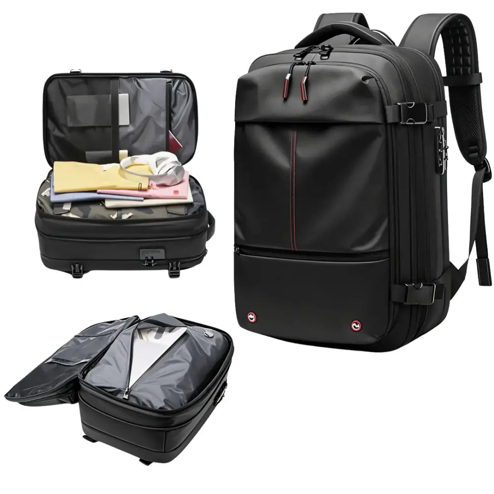 Sac à dos de voyage noir avec compartiment à vêtements, Vacpack, compression sous vide