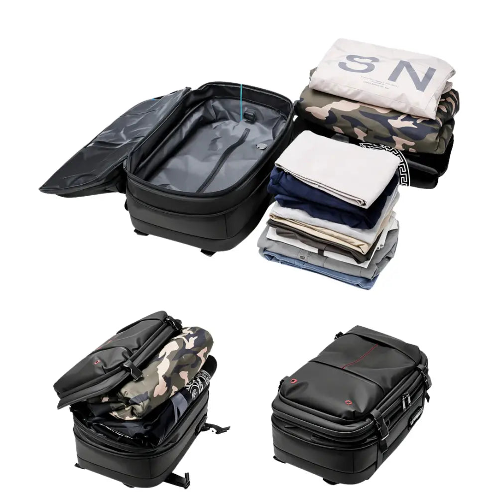 Sac à dos de voyage noir avec vêtements, sac de compression sous vide Vacpack