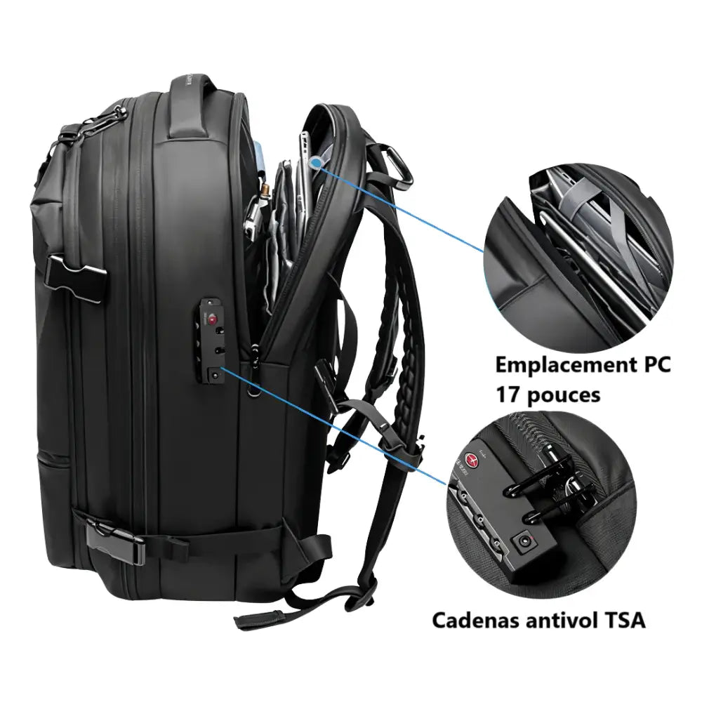 Sac à dos compression sous vide Vacpack noir avec fonctionnalités de sécurité visibles