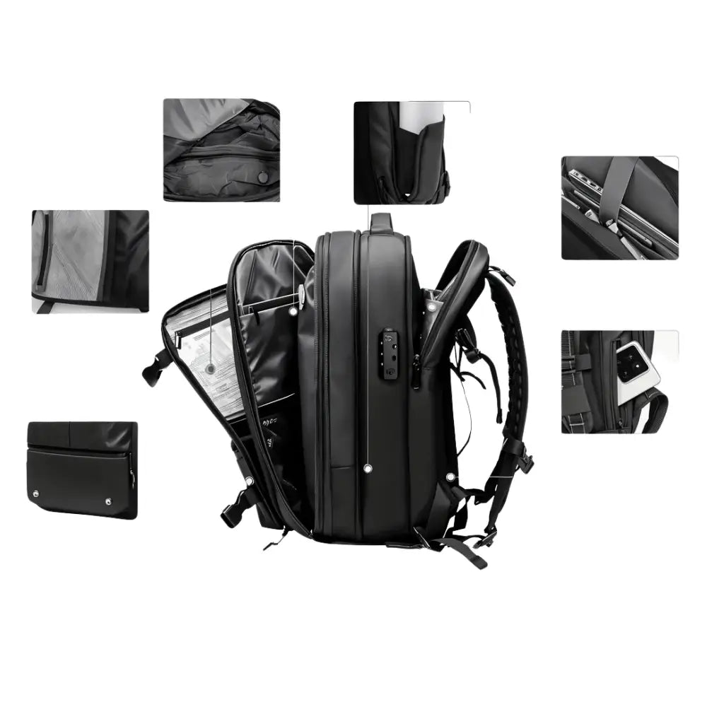 Sac à dos compression sous vide Vacpack noir avec plusieurs Compartiments ouverts