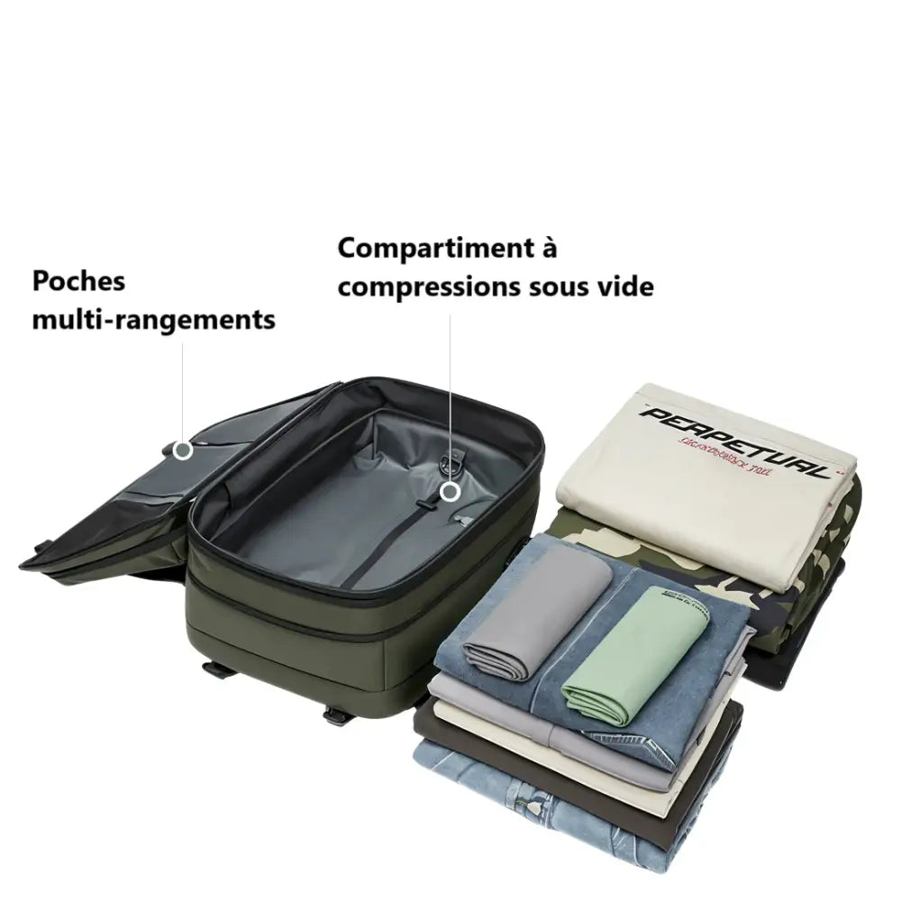 Sac à dos compression sous vide Vacpack avec sac de voyage ouvert et vêtements pliés