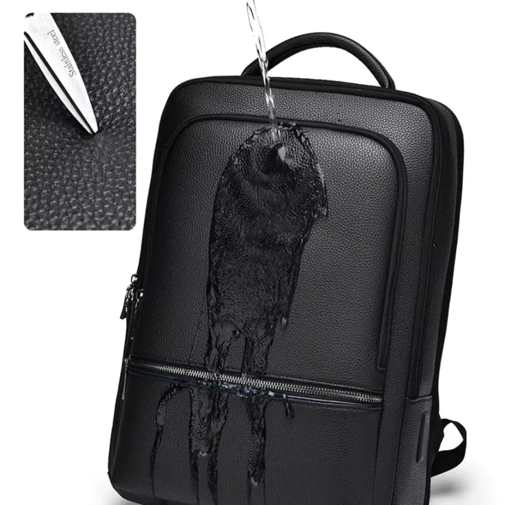 Sac à dos en cuir noir de travail Ambition avec gouttes d’eau pour tester l’étanchéité