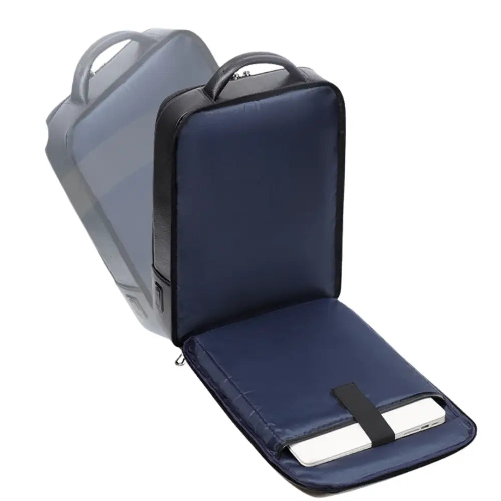 Sac à dos cuir noir homme avec ordinateur portable ouvert, élégant et pratique