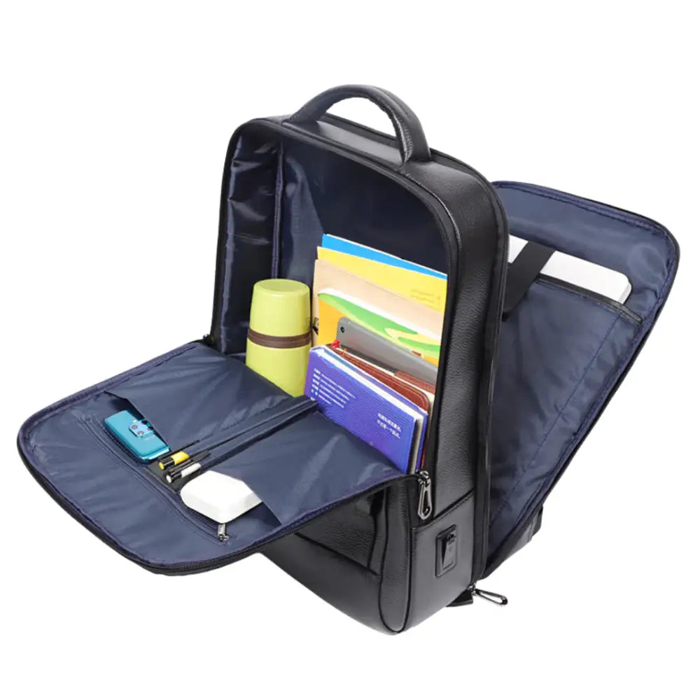 Sac à dos cuir noir homme ouvert, élégant sac en cuir noir pour homme