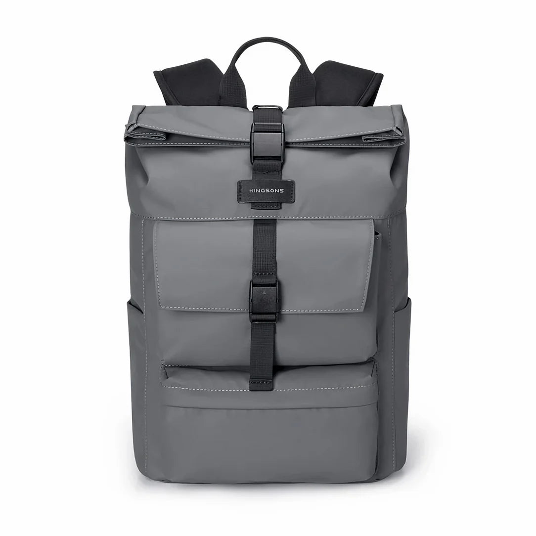 Sac à dos gris à roulettes.
