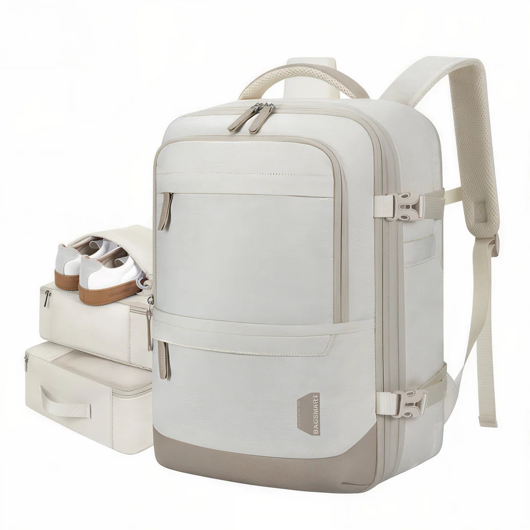 Sac à dos de voyage 35l 45x36x20cm blanc et beige, idéal pour compagnies aériennes