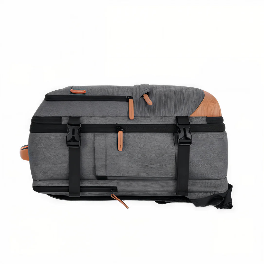 Sac à dos de voyage 45x36x20cm gris et marron avec bretelles noires, idéal pour compagnies aériennes