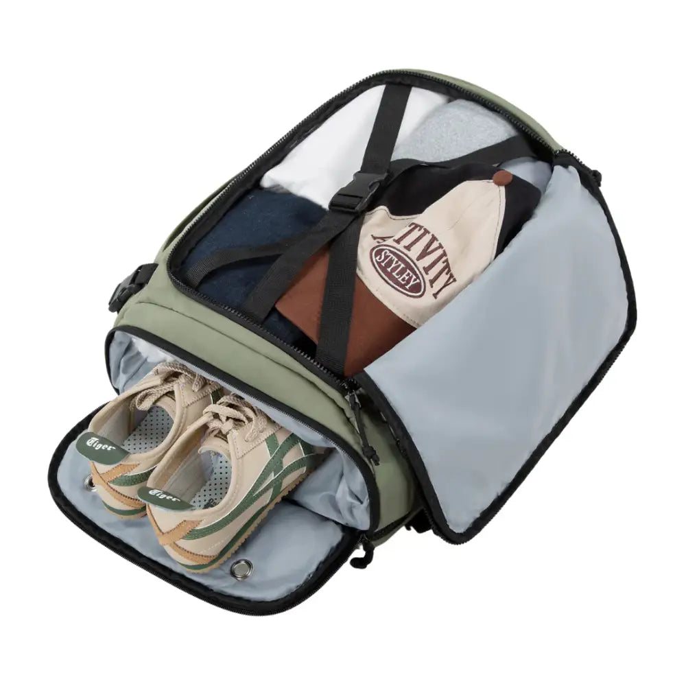 Sac à dos de voyage 40l olive verte ouvert, AéroTrail idéal pour vos aventures